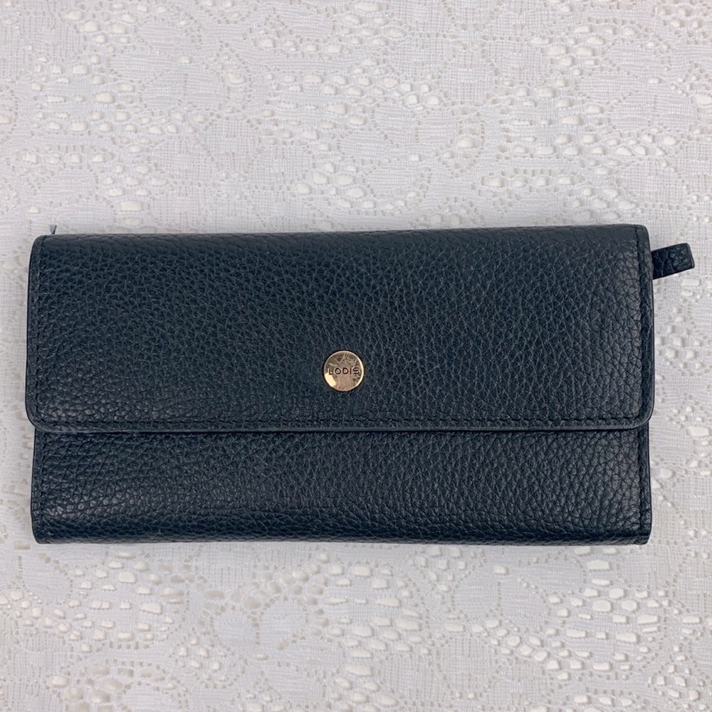 Lodis Leather wallet Black Gold Snap and lining Slip pockets cards cash coins